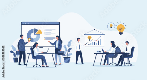 Business team collaborates on presentation with charts, graphs, and lightbulbs for new ideas