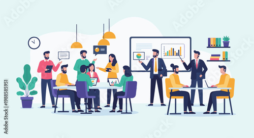 Business people collaborate in a meeting, analyzing charts on screens