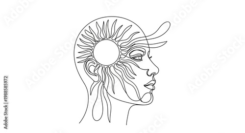 Abstract sun face line art, feminine profile with radiant sun in head, creative concept
