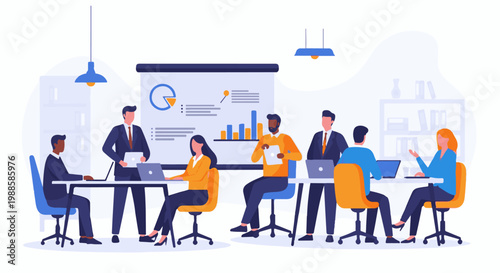 Diverse professionals collaborate in a modern office setting, reviewing charts and data