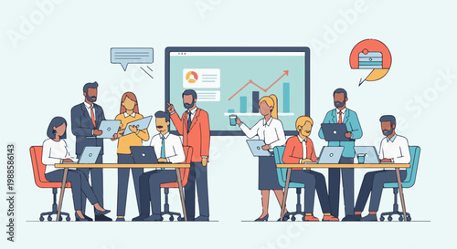 Colleagues collaborate around a table, focusing on laptop screens, with a presentation board displaying growth charts
