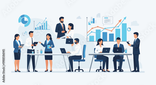 Diverse group of professionals collaborate in a modern office, focusing on data analysis and business growth