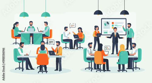 Diverse professionals collaborate and present ideas in a modern office environment