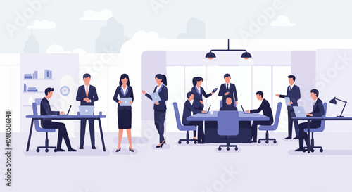 Business professionals collaborate in a modern office setting, engaged in discussions and using technology