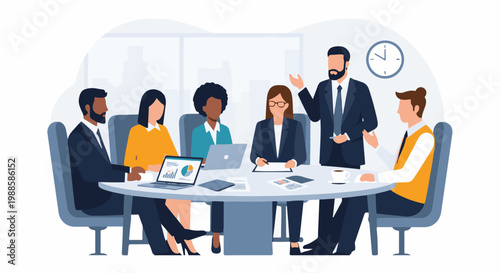 Diverse professionals collaborate around a modern conference table, discussing data