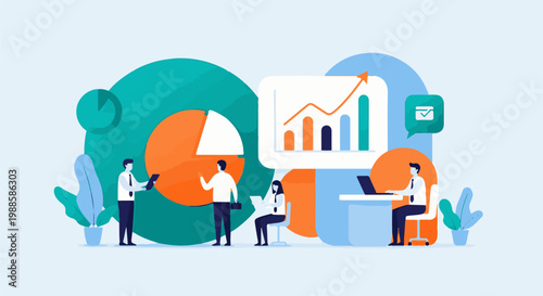 Business people analyze data charts and graphs, discuss strategy, collaborate