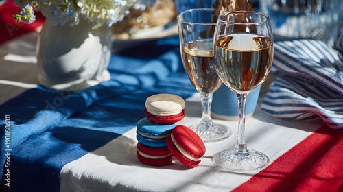 Elegant French National Day celebration with macarons and wine
