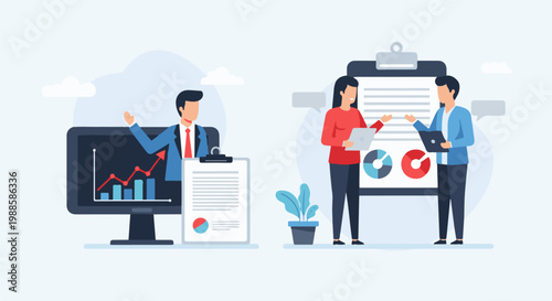 Business professionals discuss growth charts and pie graphs during a meeting, with one person presenting