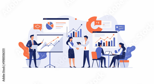 Diverse professionals collaborate on financial data presentation, using charts and screens