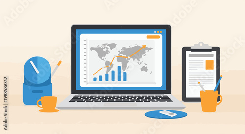 A desk displays a laptop with a world map and charts, a clipboard, and a clock