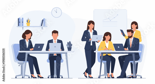 Diverse colleagues collaborate on tasks at desks, a presentation board displays growth