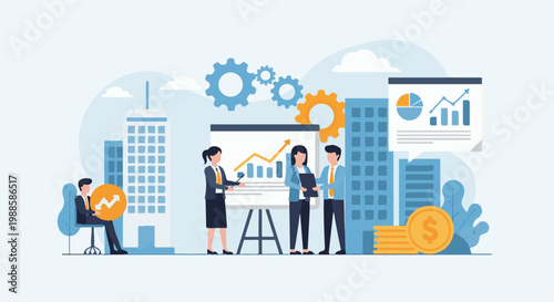 Business professionals collaborate on a financial presentation with charts and city backdrop