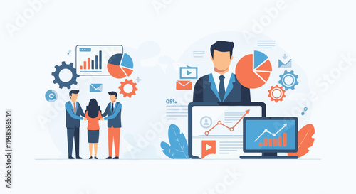 Business team collaborates with data analysis and growth charts on screens