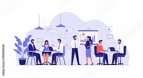 Diverse professionals collaborate in a modern office setting, discussing data and charts