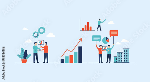 Teamwork with charts, graphs, and cityscape illustration