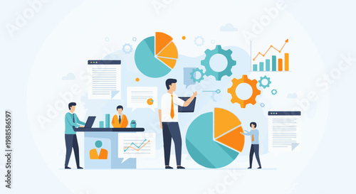 Business meeting with charts and gears