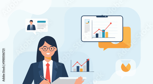 Business professional analyzes upward trending charts and data