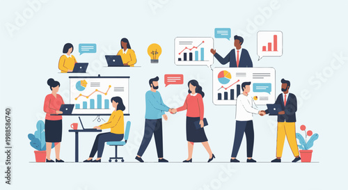 Diverse group of professionals collaborating and analyzing data, some shaking hands, some using laptops