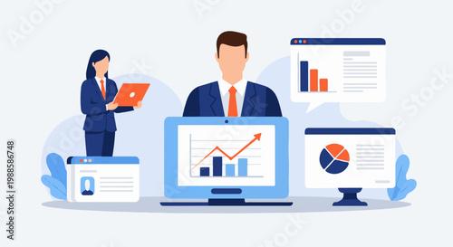 Two business professionals analyze charts and graphs on screens, one holding a laptop