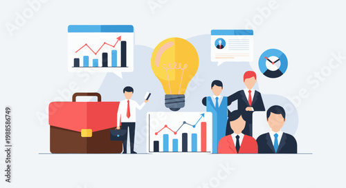 Business team brainstorms ideas, analyzes data and achieves goals with a briefcase