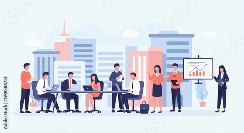 Diverse professionals collaborate in a modern office setting, presenting data