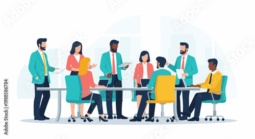 Diverse team collaborating around a conference table, sharing ideas and working