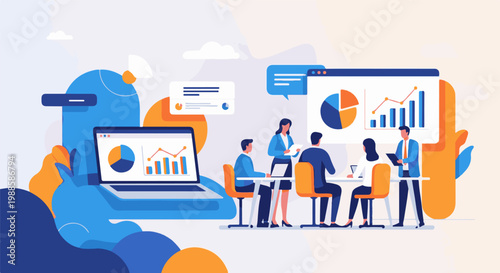A team of professionals in a meeting, analyzing data and charts on screens
