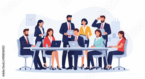 A diverse group of professionals collaborate around a modern conference table, laptops open