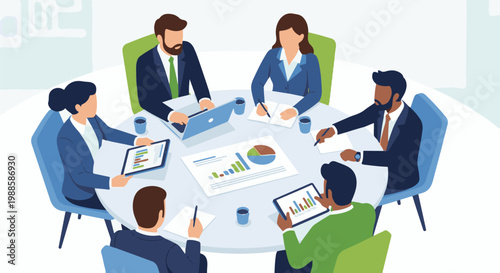 Business professionals collaborate around a round table, analyzing data on screens and paper