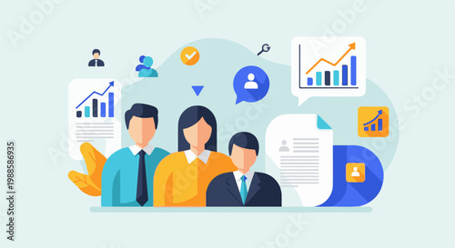 Business team with growth charts and analytics icons