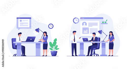 Colleagues collaborating in modern office spaces with digital displays and plants