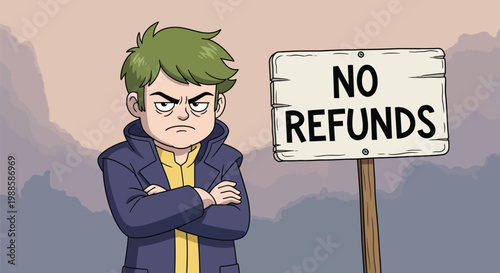 Shopkeeper displays a wooden sign that clearly states no refunds allowed.