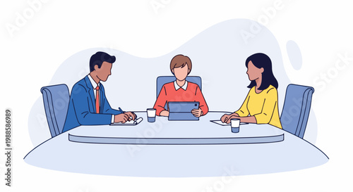 Three diverse individuals in professional attire engage in a business meeting around a large table