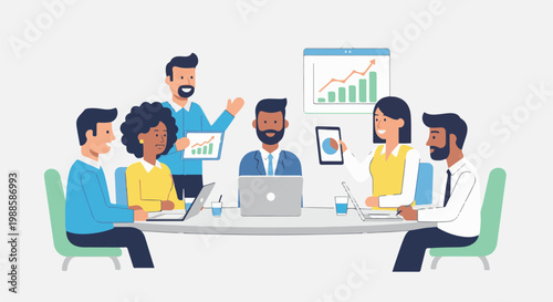 Diverse group of professionals in a modern meeting room discussing charts on tablets and screens