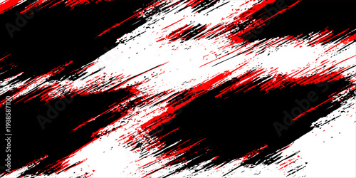 Abstract red and black paint brush strokes on a white background. High-contrast grunge texture with a dynamic, aggressive aesthetic for edgy urban designs.