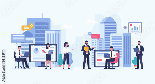 Diverse professionals collaborate amidst a stylized cityscape, presenting data and engaging in discussions