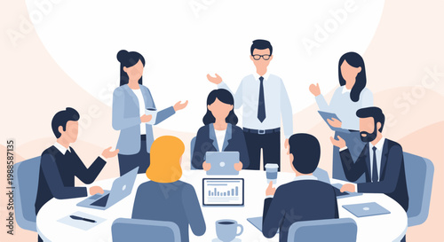 Diverse business professionals collaborate around a conference table, discussing plans with laptops and charts