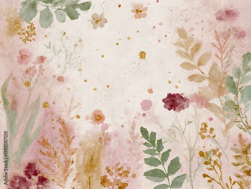A soft and dreamy watercolor artwork of various plants and flowers, perfect for backgrounds and designs. The floral design has a delicate and artistic aesthetic