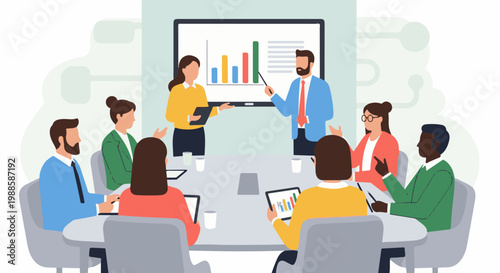 A diverse team collaborates around a table, discussing a presentation on a screen