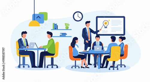Diverse group of professionals in a modern office meeting, collaborating and learning