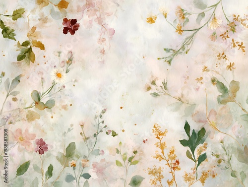 Watercolor floral composition, showcasing delicate flowers and leaves against a textured backdrop, evoking a sense of tranquility and natural beauty.
