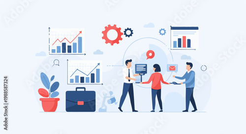 A business team collaborates on data analysis and task management with charts, gears, and icons