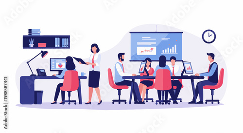 Diverse professionals collaborate in a modern office, presenting data on screen