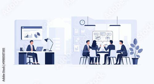 Team collaborating in modern office with charts and discussions