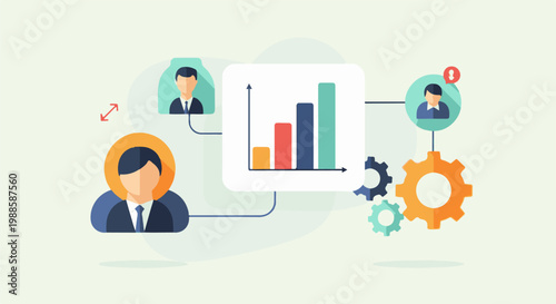 Business people collaborate around a bar chart and gears