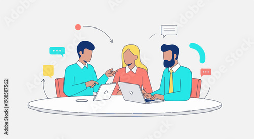 Diverse individuals collaborate around a table with laptops, symbolizing teamwork and communication