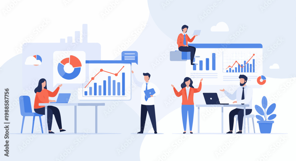 Obraz premium Diverse professionals collaborating on data analysis, presenting charts and graphs in modern office setting