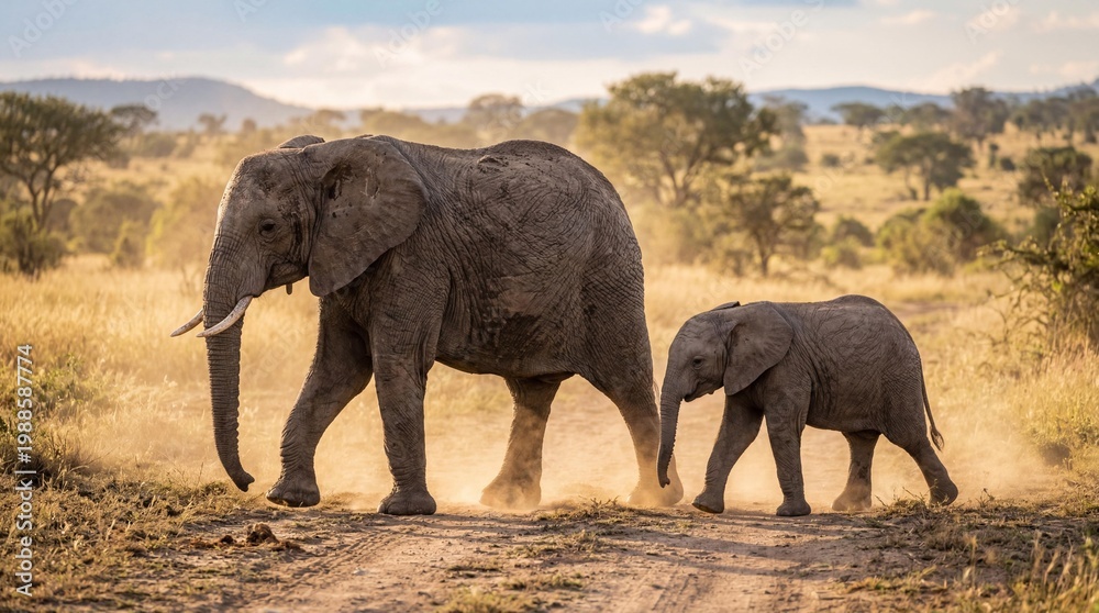 Fototapeta premium Majestic African elephant cow walking with her young calf across the dusty savannah at sunset in a wildlife reserve