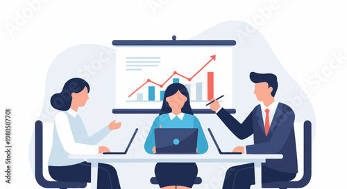 Three professionals in a meeting, discussing a graph on a whiteboard