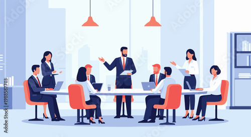 Diverse professionals in formal attire gather around a conference table for a meeting